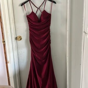 La Femme Red Ruched Maxi Gown Spaghetti Strap